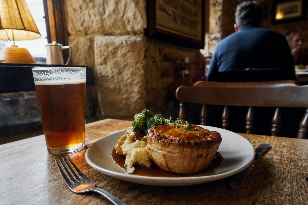 A hearty pub lunch and a pint on a wooden table